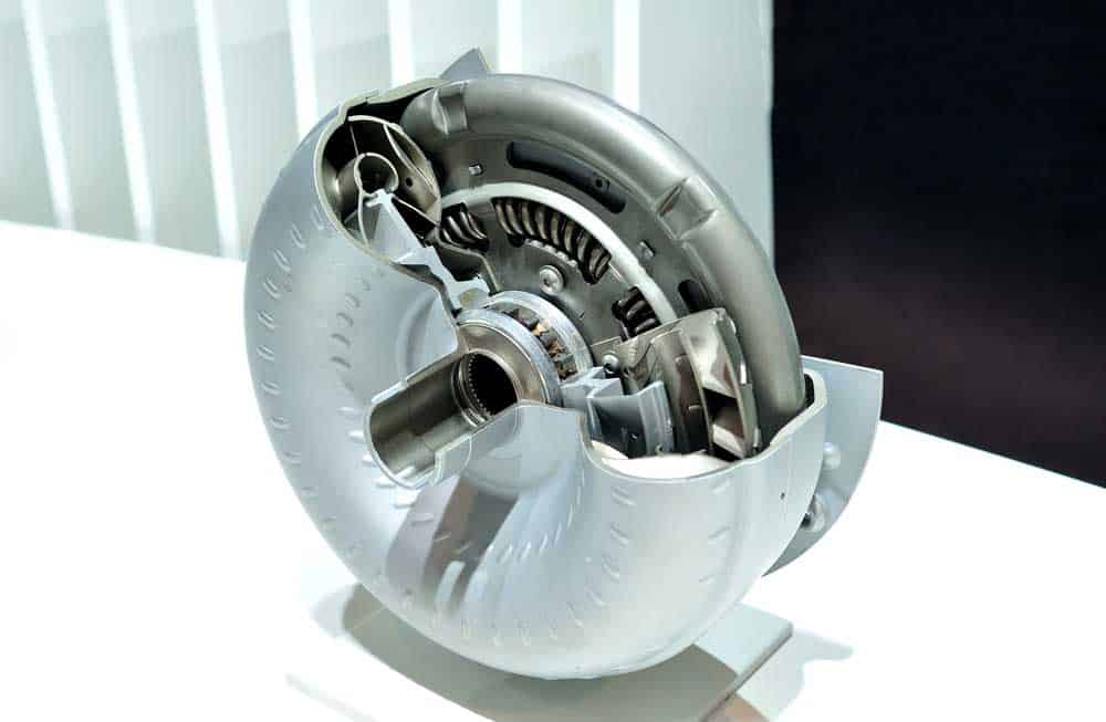 A torque converter cross-section with a clutch plate inside