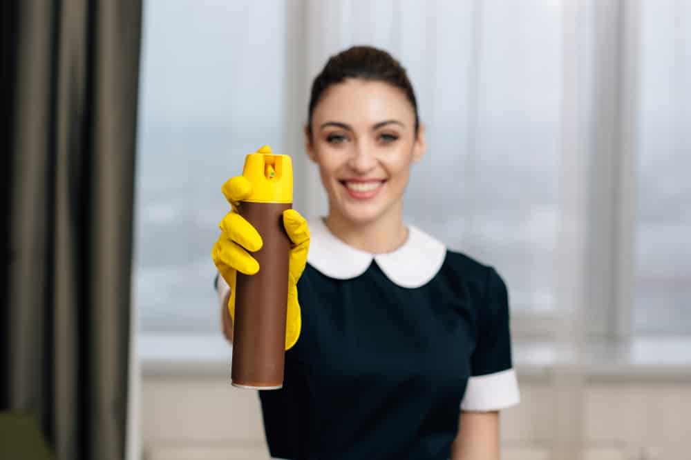 A woman holding a spray cleaner
