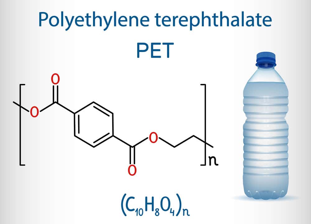 The chemical composition of PET, a material commonly used to make plastic bottles