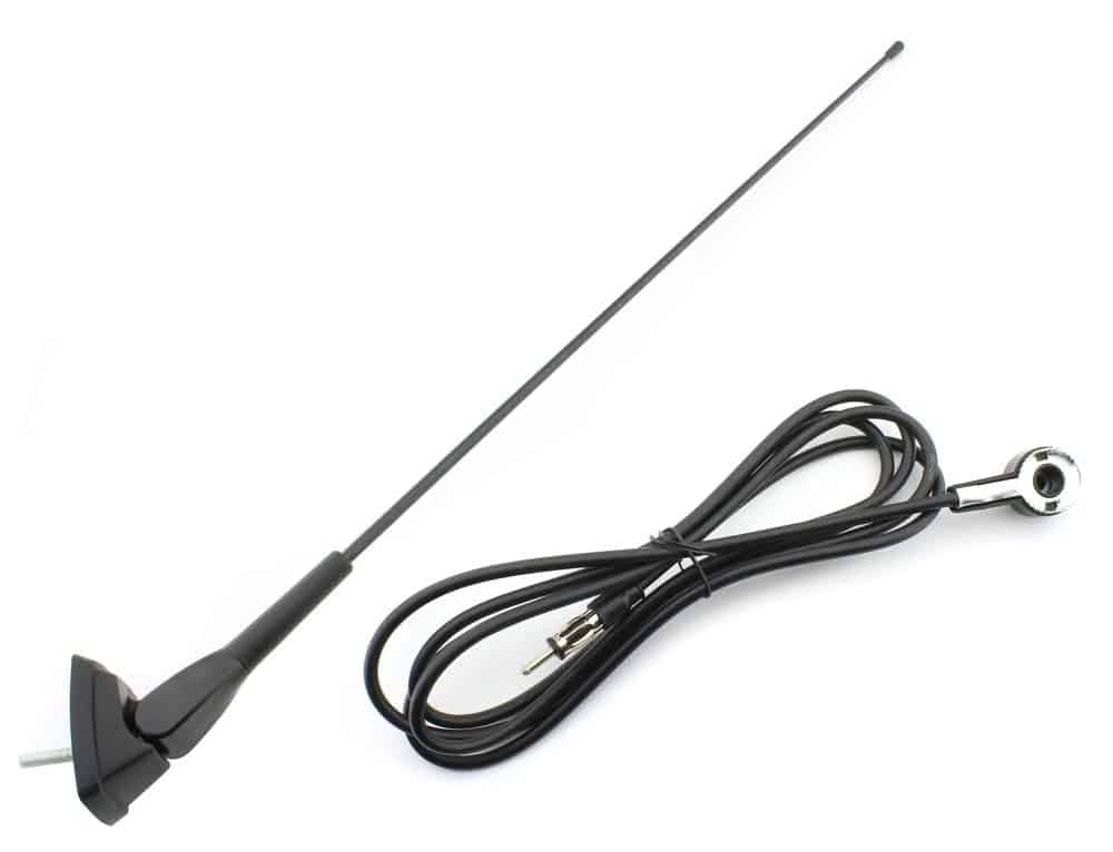 A car radio AM/FM antenna with a short cable